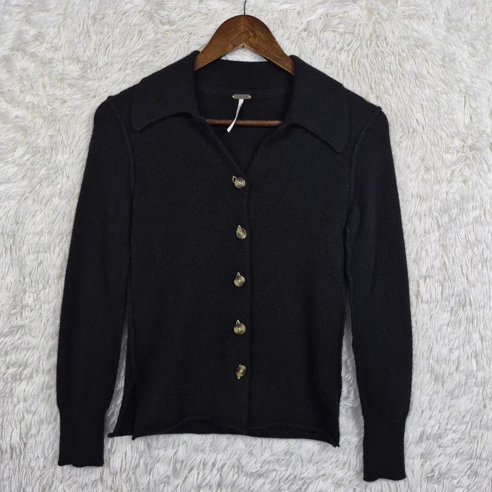 Free People Black 100% Cashmere Collared Cardigan Sweater Womens XS Quiet Luxury